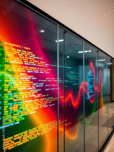 Smart glass wall with code lines displayed on sleek screens, codes, displayed
