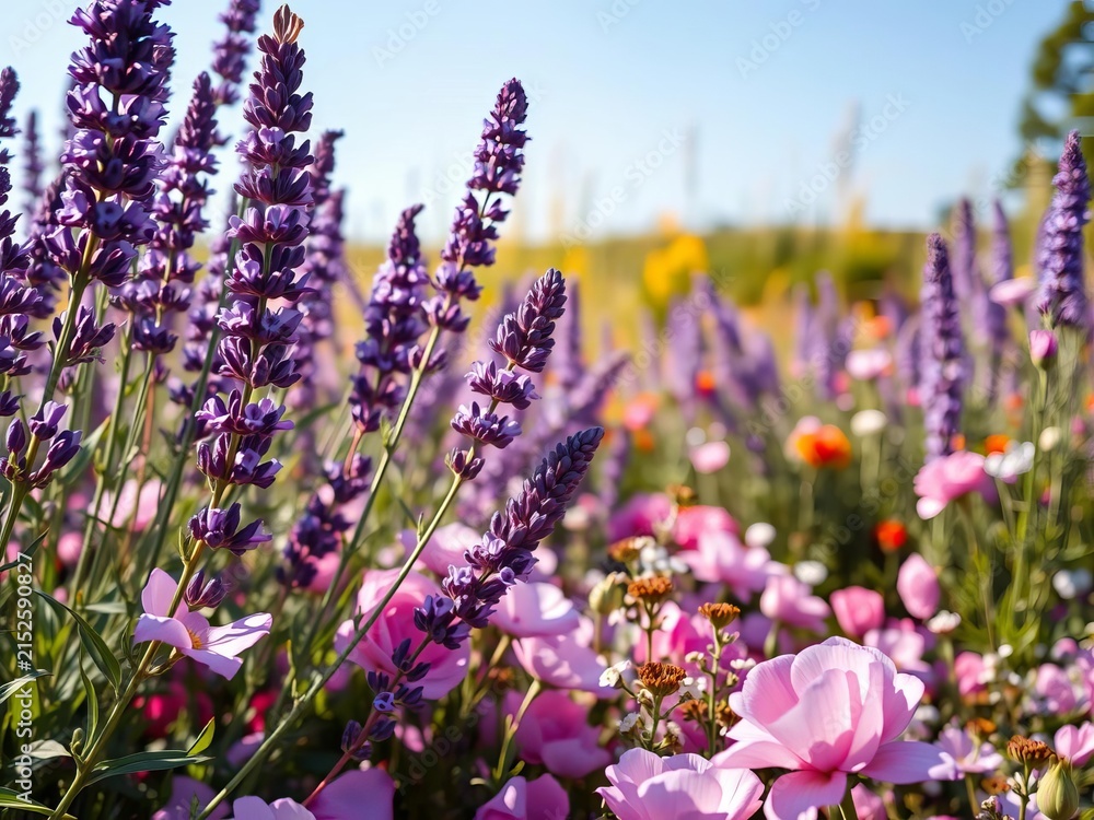 Obraz premium Lavender blooms sway gently in morning sunlight amidst a tapestry of rose petals and wildflowers, sunrise, bloom