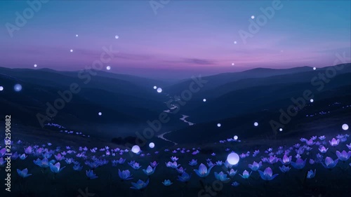 Magical Valley Glowing Flowers Fireflies Floating Lights Twilight