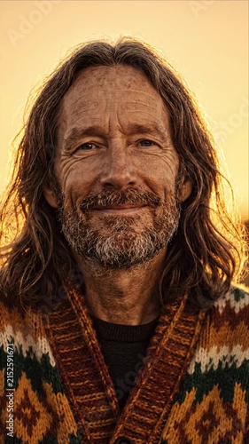 Smiling Man Portrait with Long Hair and Beard at Sunset
