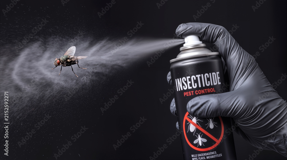 Fototapeta premium Pest control technician spraying insecticide on housefly. Professional exterminator using chemical aerosol spray to eliminate domestic insect pests.