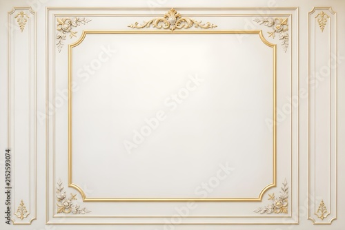 Elegant white wall panels with golden classic moldings and empty frame border