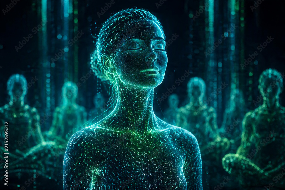 Naklejka premium Digital human figure in futuristic data network visualization.