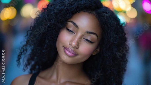 Portrait of a young african woman with curly hair and vibrant city lights