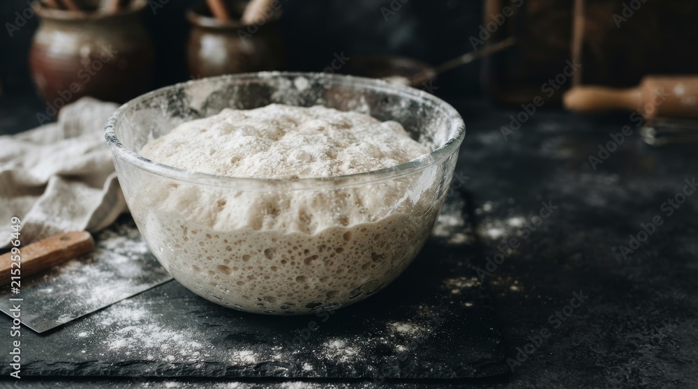 Fototapeta premium Active fermentation of yeast dough creates large bubbles inside a transparent glass bowl.