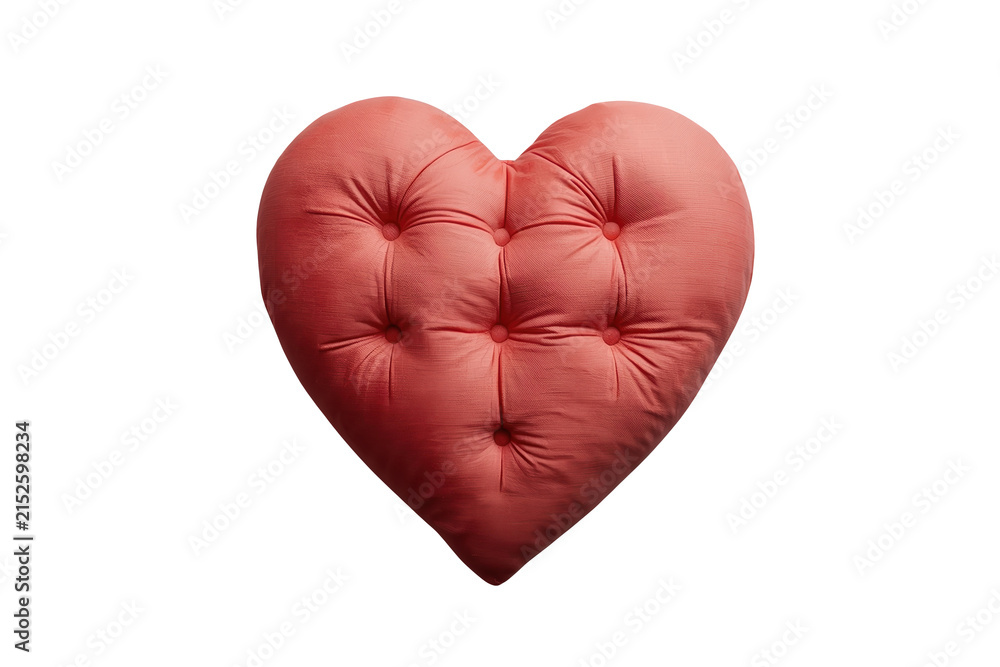 Fototapeta premium Rose red quilted heart pillow with deep tufting isolated on transparent background