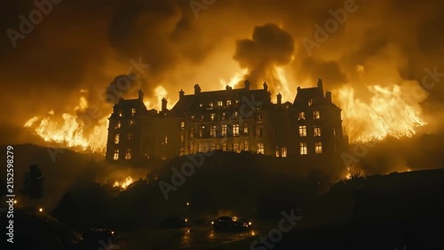 Grand mansion engulfed in nighttime blaze with intense flames
