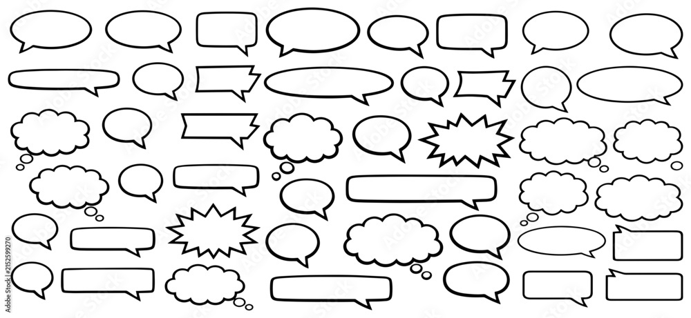 Fototapeta premium Hand Drawn Speech Bubble Collection, Black Outline Speech and Thought Bubble, Conversation, Thought, Comic, Quote and Message Balloons