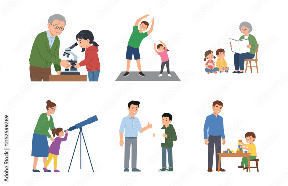 Fototapeta premium Set of illustrations showing adults and children engaging in educational, active, and creative shared activities.