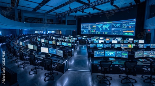 Empty modern command center with glowing blue screens