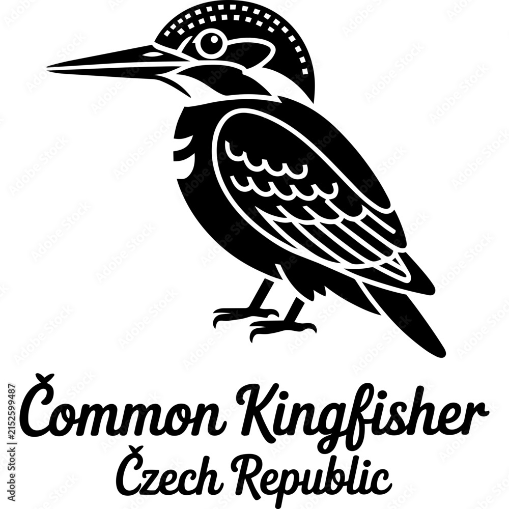 Fototapeta premium Common kingfisher bird vector emblem with hand drawn cursive script lettering for Czech Republic, stylized black and white wildlife silhouette motif