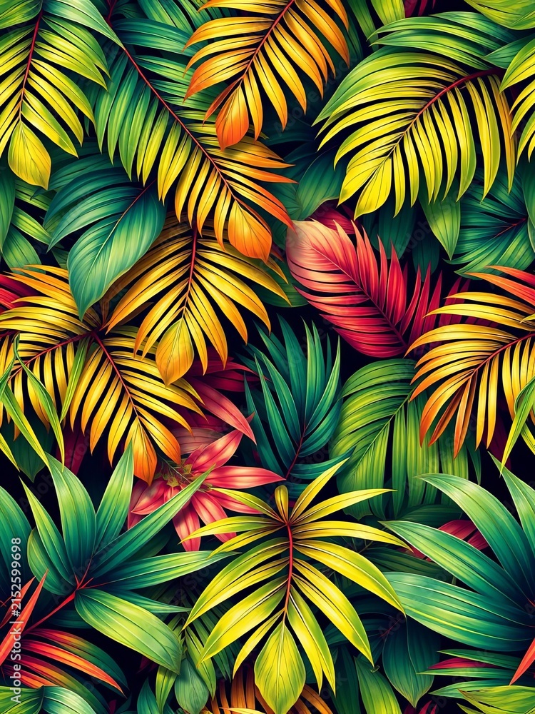 Summer tropical palm tree leaves seamless pattern, outdoors, leaf