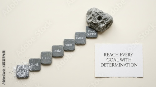 Motivational stone stairs with words start climb focus strive persist endure and summit representing the journey to reach every single goal with pure determination and professional mindset of success.