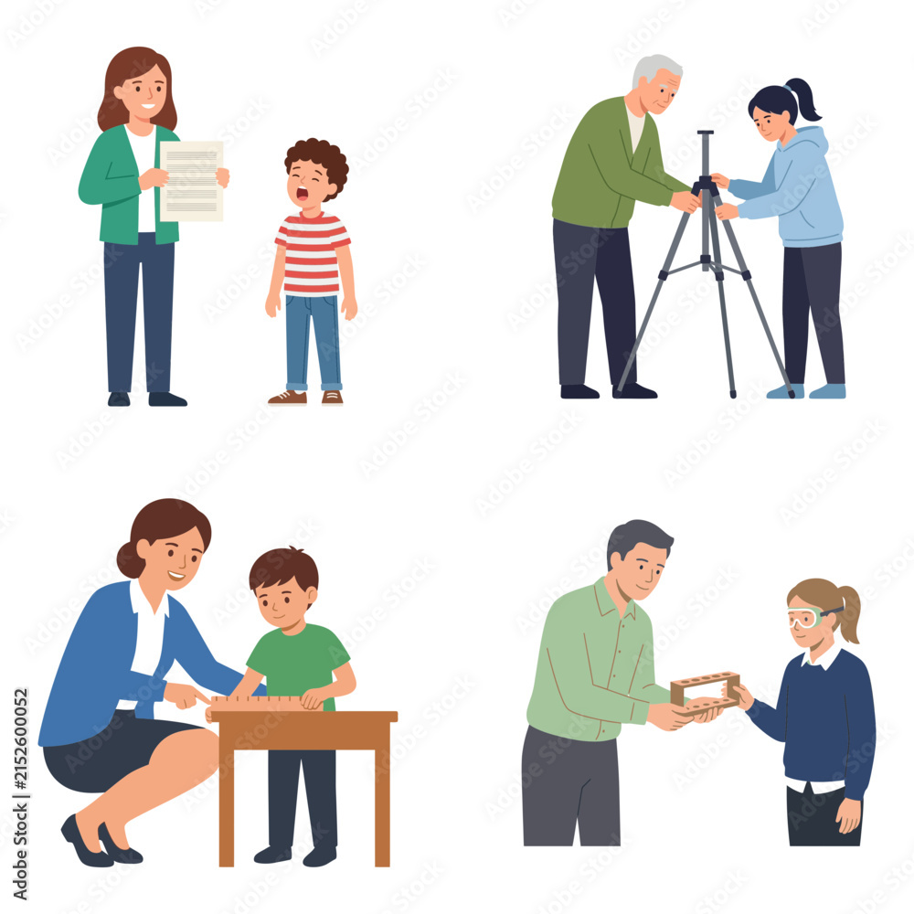 Obraz premium Collection of illustrations showing teachers and adults engaging with children in classroom and educational settings