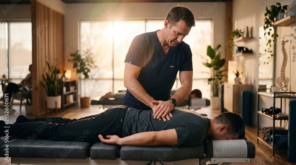 Fototapeta premium Professional male chiropractor performs a back adjustment on a patient in clinic