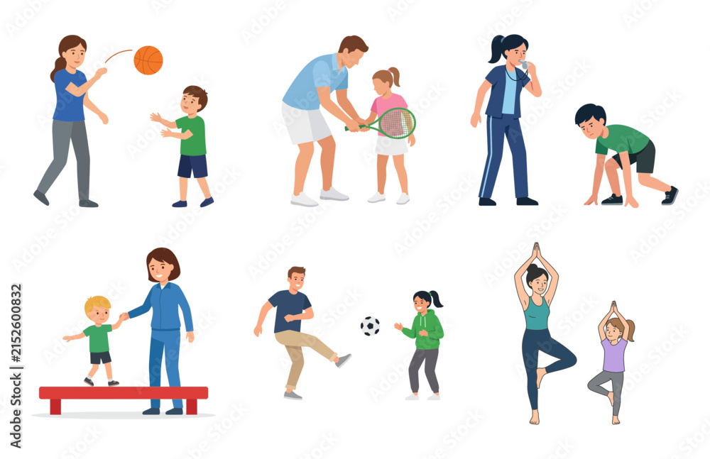 Fototapeta premium Set of vector illustrations featuring parents and children engaged in various outdoor sports activities