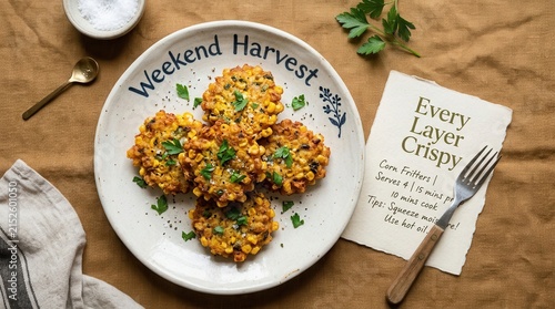 Golden crispy corn fritters served on a white ceramic plate labeled weekend harvest with fresh herbs and seasoning, providing a delicious homemade snack that takes exactly 10 minutes to cook tonight.