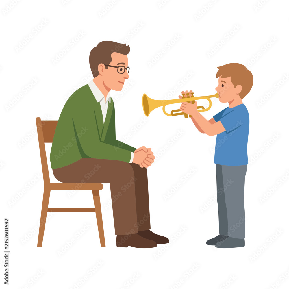 Obraz premium An adult man sitting on a chair watching a young boy learning to play the trumpet in a music lesson setting.