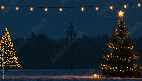 Twinkling trees adorn snowy landscape under night sky