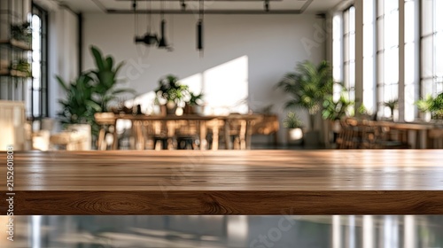 Sunny dining area with plants and a wooden table in the foreground