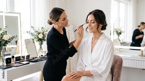High End Bridal Preparation Photography Featuring a Bride in a Silk Robe Receiving Elegant Wedding Makeup with Professional Beauty Care in a Modern Dressing Room