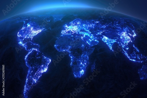 Illuminated planet, continents glowing with blue light, hinting at night