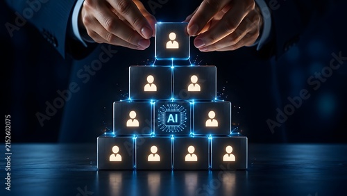 Business leader structuring a team integrated with AI technology, showcasing human-AI collaboration for organizational growth and efficiency.