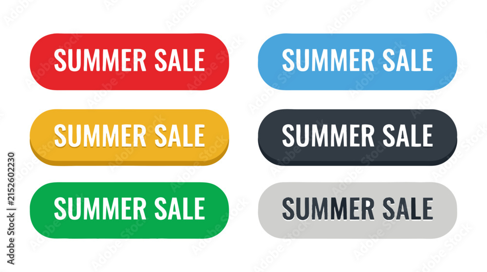 Fototapeta premium Summer sale button set with 6 colorful vector labels. Promotional web banners for retail marketing and seasonal discounts.
