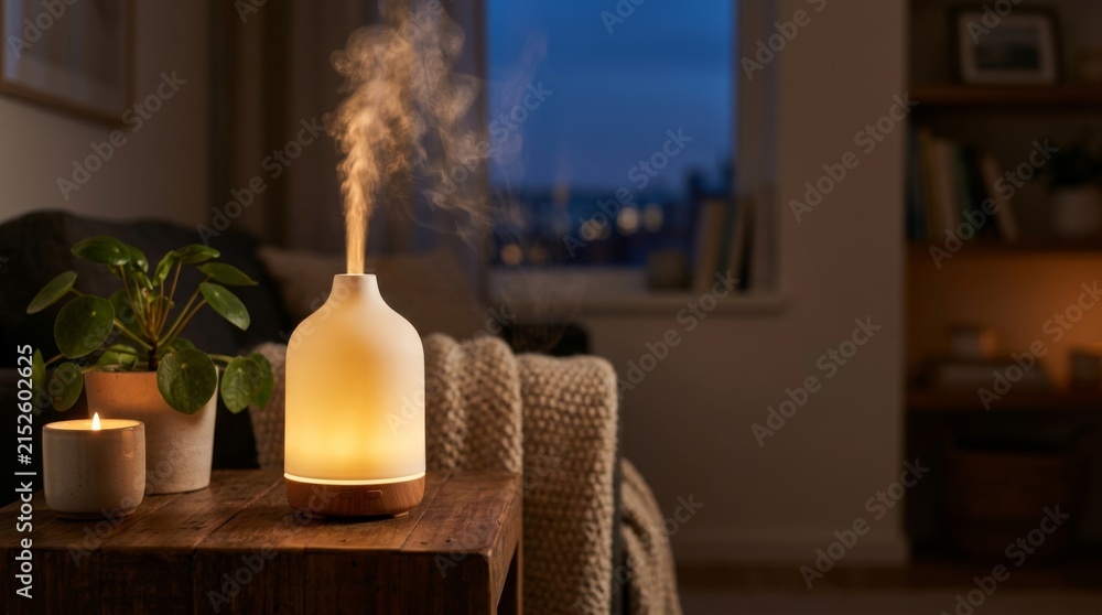 Fototapeta premium Ceramic essential oil diffuser emitting mist and warm light in a cozy evening living room with a lit candle and potted plant