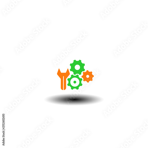 Vector illustration of gears mechanism with wrench. Symbol of task management. Icon of repair service.