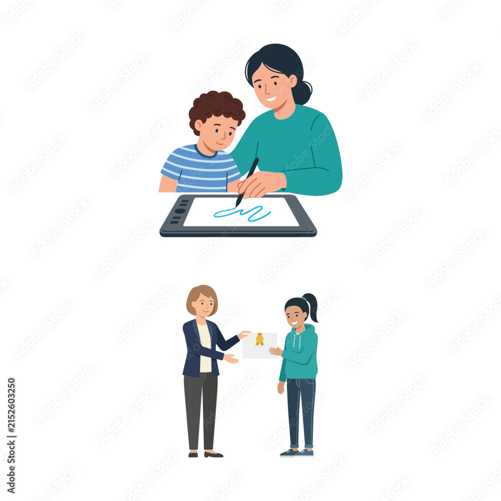 Fototapeta premium Vector illustration set of teachers and students interacting during learning and school activities