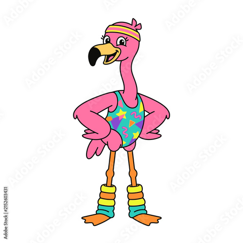 Cute flamingo fitness instructor wearing retro 80s workout gear and leg warmers