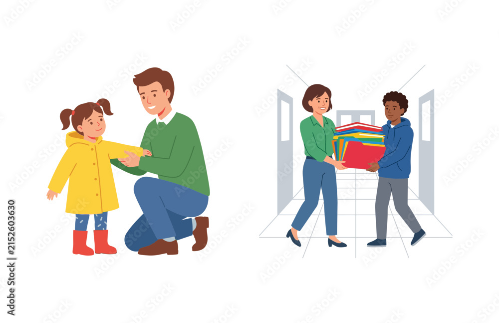 Obraz premium Vector illustration of a father helping his daughter and a teacher assisting a student in school