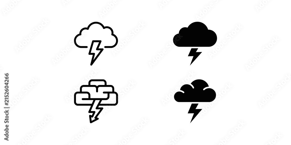 Obraz premium Set of four weather icons featuring storm clouds with lightning bolts in outline and solid black styles