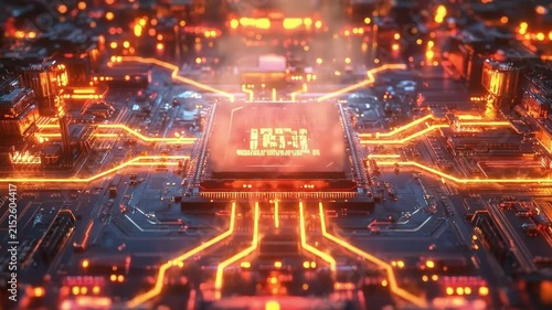 Futuristic circuit board with glowing orange components and central processor