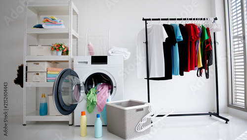 Modern Minimal Laundry Room Interior with Washing Machine at Home