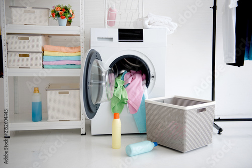 Modern Minimal Laundry Room Interior with Washing Machine at Home