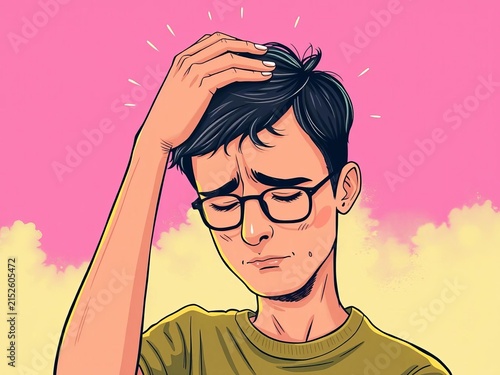 Stressed adult holding head, mental health awareness illustration, counseling, overwhelmed life