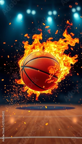 Flying basketball bursting into flames, surrounded by fiery sparks, sports, fast