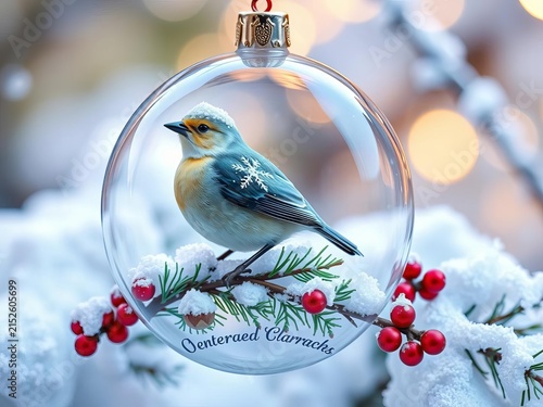 A delicate glass ornament featuring a snow-covered bird perched on winter foliage, leaves, festive