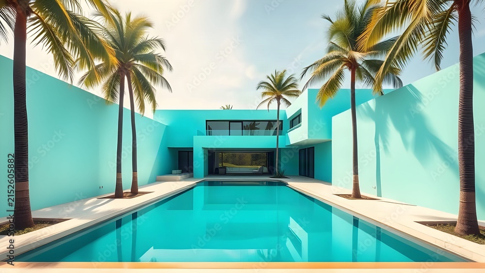 Fototapeta premium minimalist modern architecture villa with turquoise walls and swimming pool.