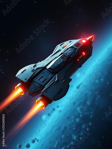 Spacecraft with angular design, glowing engines, and curved wings, space, cosmology