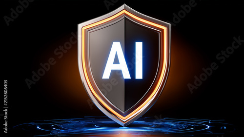 A shield marked AI above a digital platform representing artificial intelligence security cyber defense and protected computing systems
