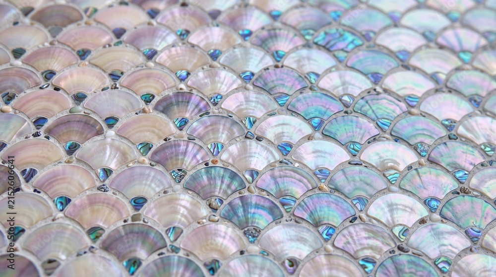 Fototapeta premium Mother Of Pearl Fan Scale Mosaic Pattern Iridescent Surface Texture