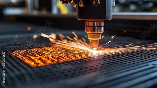 Laser cutting technology illuminating metal surface in industrial setting