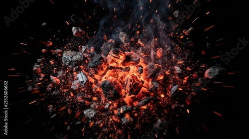 Explosion of red-hot glowing coals shattering into sparks