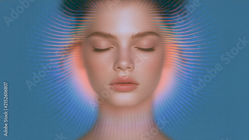 Artificial Intelligence Concept with Woman Face and Radiating Binary Data Aura
