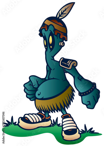 CARTOON GREEN ALIEN TRIBAL WARRIOR MASCOT VECTOR ILLUSTRATION. URBAN STREET STYLE CHARACTER WITH SNEAKERS, GRASS SKIRT AND HEADBAND FEATHER. ISOLATED DIGITAL GRAPHIC FOR GAMING LOGO, T-SHIRT DESIGN