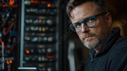 Caucasian mature man with glasses working in a data center