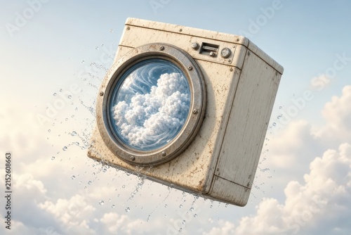 Vintage white washing machine floating among fluffy clouds with water droplets splashing from its drum.